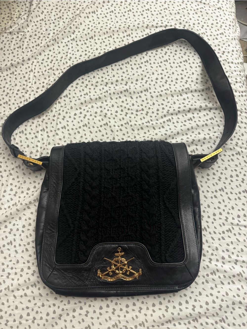 Tory Burch Black Knit Cowhide Shoulder Bag Nautical Women's Crossbody Authentic